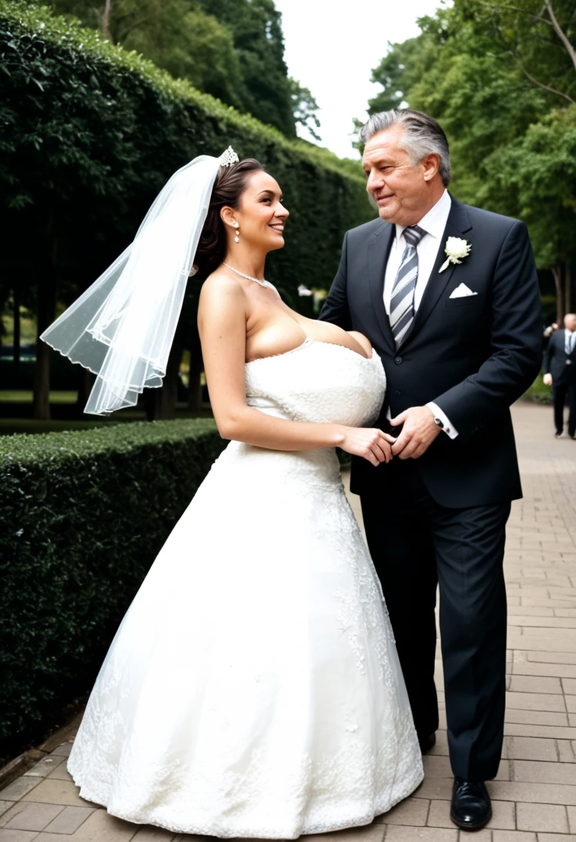 A 35 years old woman, walking stairs in the park, a 90-years old man holding her hand, the woman has a Face like Victoria Principal, wearing a beautiful evening dress, slipping from her shoulder, extremely huge saggy breast, (medium belly), (full person view, from head to toe), mild smile