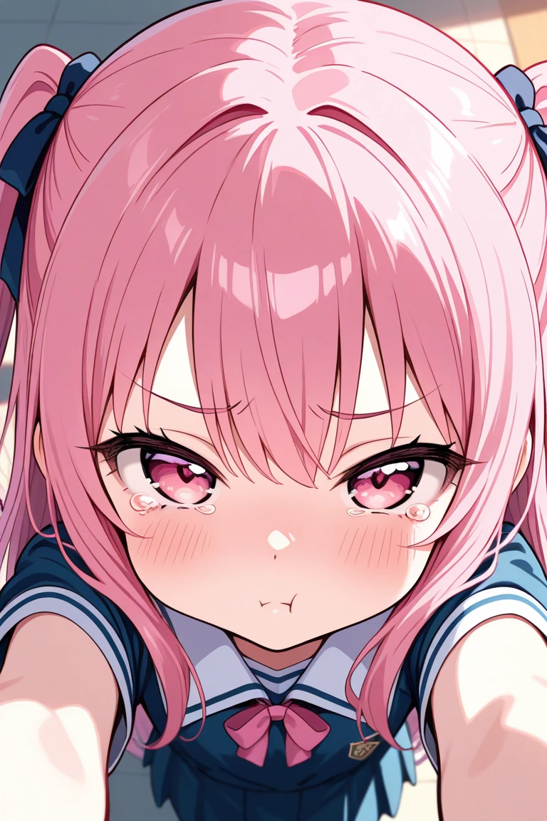 1girl. pink hair.long hair.twintails.{}.short stature.small breast.white t-shirts.skirt. (((masterpiece))).(((best quality))).)((ultra-detailed))).(((illustration))).(((night view))).((blush)).((Opening Mouth)).((Open your eyes)).((Surprised face)).
