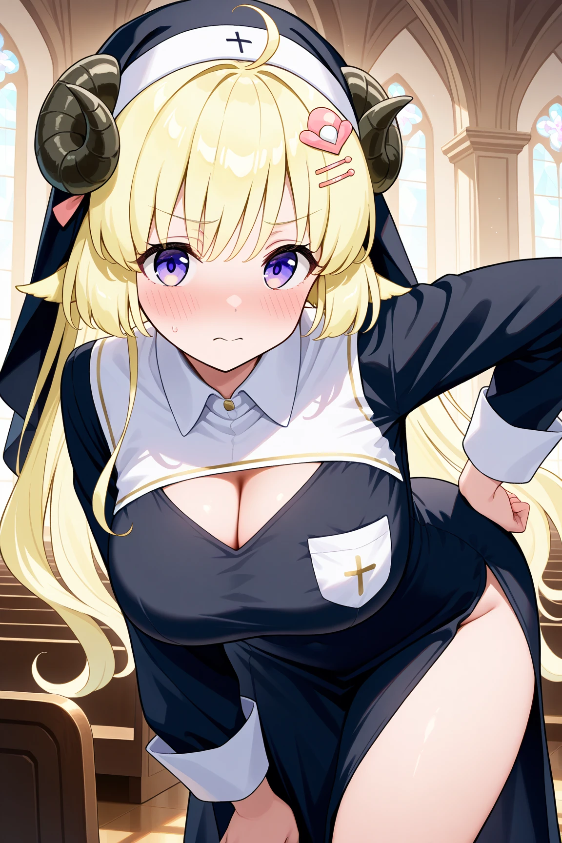 ((masterpiece、best quality、Very detailed)、((A girl))、((Blonde hair、Very long hair))、blue eyes、Smile、((There are many piercings))、((Very large breasts))、Cowboy shooting、Shot from below,((best quality)), ((masterpiece)), (detailed), (character focus、Breast Focus,whole body), Anime 2D Rendering, Realistic young anime women, Five fingers, Perfect face, Beautiful details, Beautiful Body, Beautiful breasts, Beautiful thighs, (Huge breasts)、Beautiful Feet, (Fair and beautiful skin), baby face、 12 year old girl、A girl、 ((nun、Black mini skirt))、(Black pantyhose), ((Grin))、KTV、She turned her face and body toward the audience,Beautiful face and charming smile,eternal,Hair covering eyes,(Large Breasts),比基尼,Shy,Exceed,Thick Legs,Succubus,Fascinating three-dimensional,Fascinating three-dimensional,Fascinating three-dimensional,Magical girl,Bright Pink,((前发Hair covering eyes))