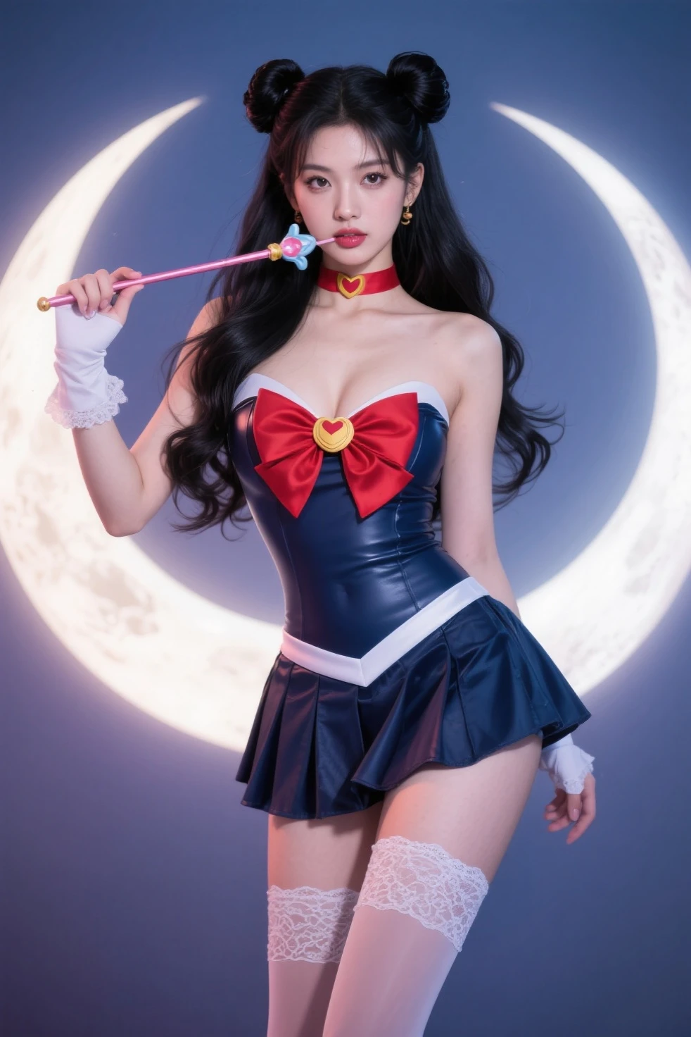 1 korean girl, sexy girl, strikingly beautiful, black hair, big breasts, delicate facial features, porcelain skin, red lips, eyes hook the soul seduces you, ((awe and joy expression)), Masterpiece, Full: 1.3, Stand, 8K, 3D, Realistic, Ultra Micro Shooting, Top Quality, Extreme Detail CG Unity 8K Wallpaper, from below, intricate details, (1 female), 18 years old, (Sailor Moon supersailormoon mer1, Tiara, Sailor Senshi Uniform Sailor: 1.2, Sailor Moon: 1.2), Impossibly long bright twin-tailed black hair, thin and very long straight twin-tailed black hair, hair bun, red round hair ornament in a hair bun, Sailor Senshi uniform, (blue collar, blue sailor collar, blue pre-gate mini skirt: 1.3, very large red bow on the chest: 1.3, long white latex gloves: 1.3, red gloves on the elbows, Very large red bow behind the waist: 1.1, cleavage is looking large, golden tiara, earrings), (face details: 1.5, bright blue eyes, beautiful face, beautiful eyes, shiny eyes, thin lips: 1.5, thin and sharp pale eyebrows, long dark eyelashes, double eyelashes), luxurious golden jewelry, thin, thin and muscular, small face, big breasts, perfect proportions, Thin waist, sexy model pose, visible pores, seductive smile, perfect hands: 1.5, high-leg swimsuit, very thin and fit high-gloss white holographic leather, octane rendering, very dramatic image, strong natural light, sunlight, exquisite lighting and shadow, dynamic angle, DSLR, sharp focus: 1.0, Maximum clarity and sharpness, (space background, moonlight, moon, dynamic background, detailed background)