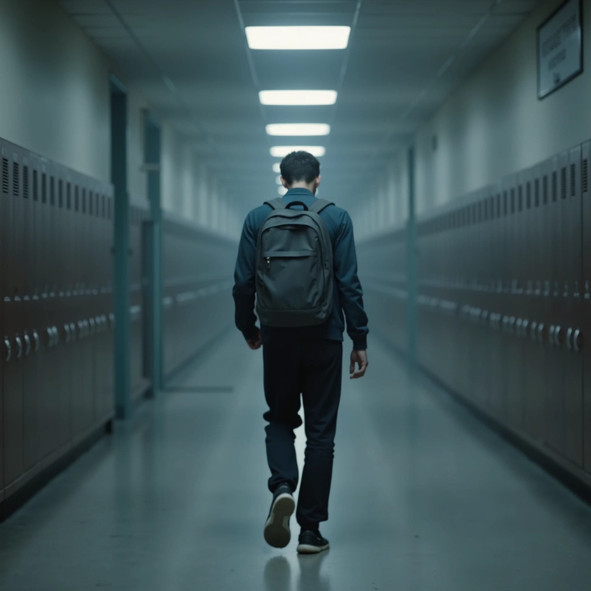 ((Close)) Ambiente: Long school corridor, with waxed floors and blurry side cabinets.
lighting: Fluorescent lights on the ceiling, with cold glow and subtle buzz.
color palette: Cool tones — greyish blue, branco, cinza.
Um jovem, (( ager)) Walking in the center of the corridor, sozinho, with his head down. ((Half body)) Crumpled school uniform, backpack on the shoulders. ((in front of the camera)). Slumped Shoulders, hesitant steps, trying to seem indifferent.