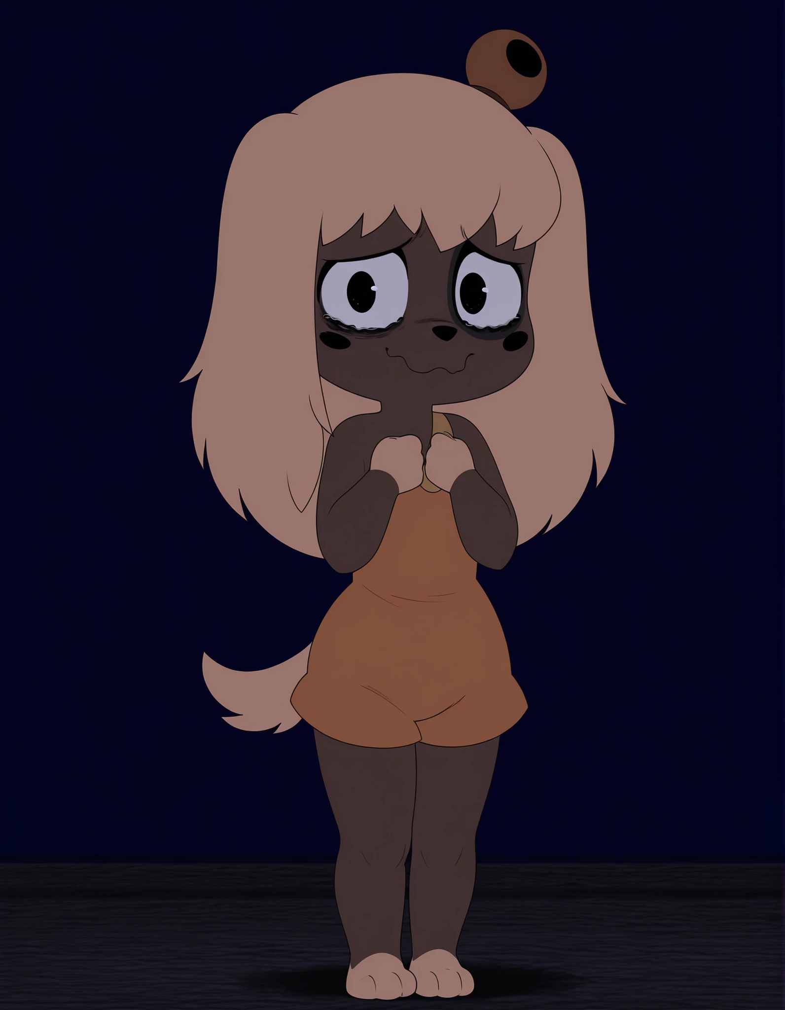 1girl, solo,lilotte , nervous, sweat,, pov, plump belly, , , sweat, blushing, sweat, smirking, viewer holding leash, male pov, viewed from an angle, looking at viewer, aheago, , kneeling on the floor, hand up like a paw, leash around neck, dog collar, kneeling down in front, kneeling