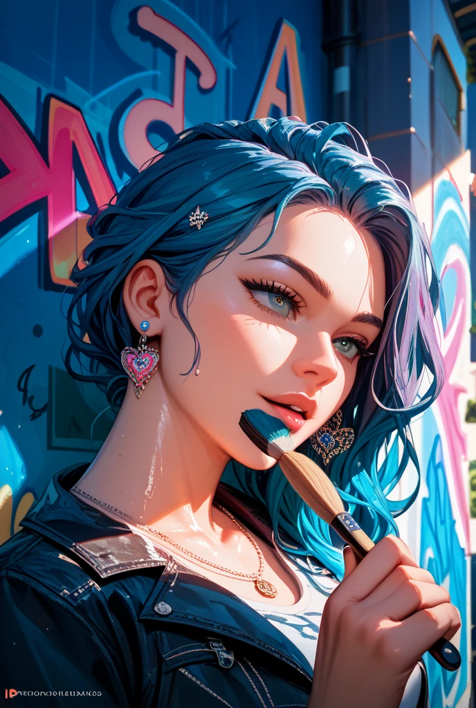 samdoesarts style award winning half body portrait of a beautiful woman in a croptop and cargo pants with ombre navy blue teal hairstyle with head in motion and hair flying, paint splashes, splatter, outrun, vaporware, shaded flat illustration, digital art, trending on artstation, highly detailed, fine detail, intricate