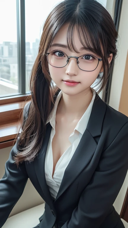 16k, HDR, Natural light, disorganized, Best Quality Masterpiece, Perfect anatomy very detailed face, fine eyes, 1 girl, nsfw, wearing a business suit, Open blouse, (medium round breasts), (open breasts), cleavage, medium Brunette hair, idols, shining eyes, glasses, full body shots