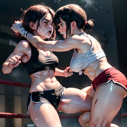 Full body painting。Two injured Japanese female high school mixed martial artists fighting in the ring。Short black hair。Glaring at someone。They are punching each other violently.。A fighting expression。Drenched in sweat。A well-trained body。Six Pack Abs。Small breasts。Erect nipples。Upper body naked。Open Finger Gloves。