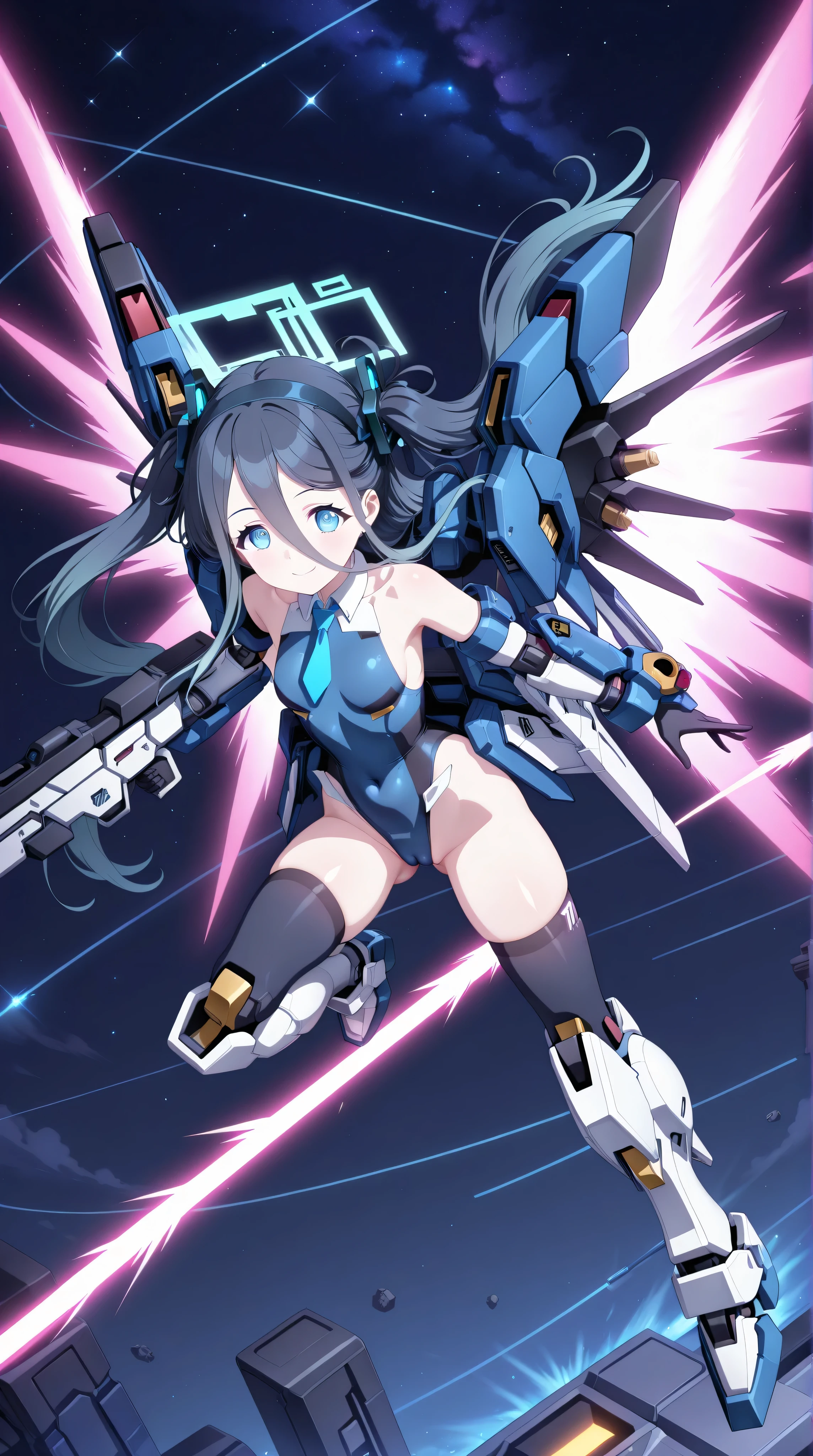 (from above,sword focus),masterpiece,best quality,newest,highres,absurdres,very awa,shiny skin,anime,science fiction,1girl,solo,long hair,breasts,looking at viewer,smile,bangs,blue eyes,black hair,thighhighs,gloves,holding,hair between eyes,bare shoulders,twintails,very long hair,closed mouth,blue hair,cyborg bodysuit,mighty strike destiny gundam,mecha,robot,mobile suit,mechanical arms,mechanical legs,necktie,red mechanical wings,pink energy wings,holding energy sword,beam rifle,robot joints,mechaanical musume,mechanical parts,full body,weapon,small breasts,cameltoe,sideboob,boots,black gloves,elbow gloves,black thighhighs,holding weapon,flying,leotard,gun,covered navel,(motion line,speed line),headgear,ass visible through thighs,halo,holding gun,mecha musume,Mecha aris \(blue archive\),outdoor,space,starry sky,clusters of stars,