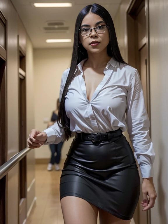 (masterpiece, perfect quality:1.2), beautiful detailed. cute face, short, , medium black hair, black hair over one eye, glasses, long sleeve shirt, black jeans, pear shape wide hips, thick thighs, solo,
