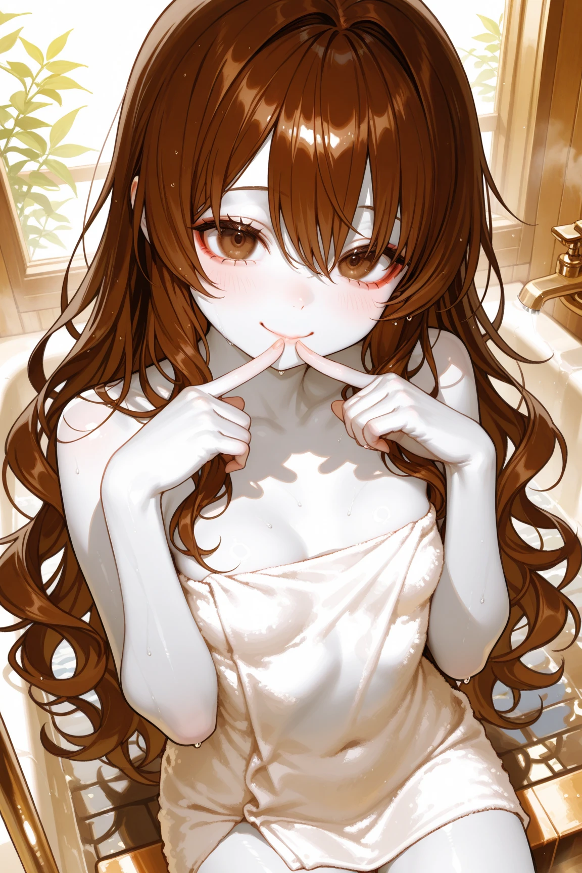 ((full detail)) a beautiful young girl of 14 years old, white skin, long brown hair with abundant hair. Take a full body shower , sexy hot, selfie posa 
