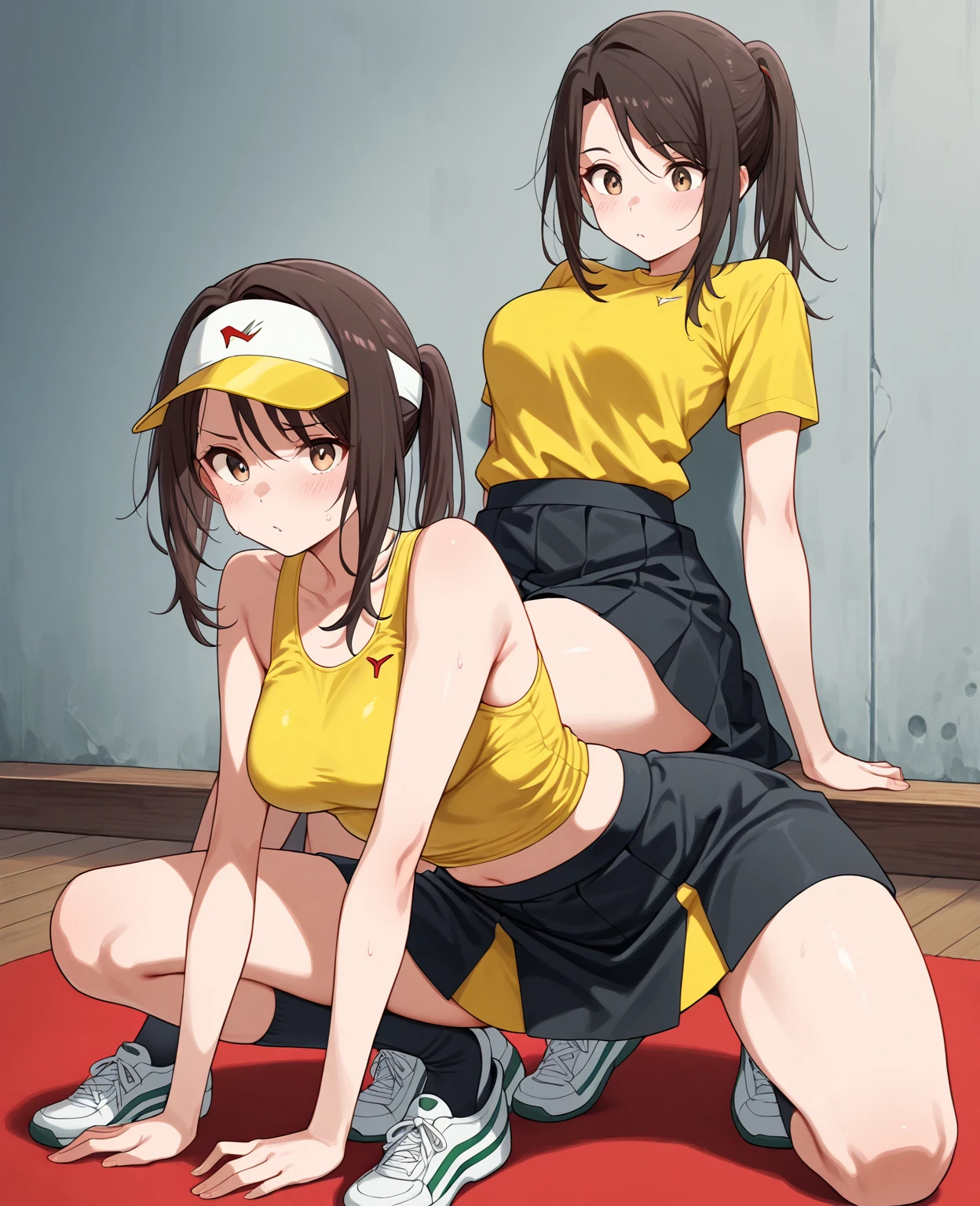 Woman, Athletic and toned body, light skin tone, long black hair tied in a ponytail, green eyes with a penetrating and seductive look, breasts big, neckleace, lying face down, exciting look, without bra, blushed face, shorts curto, haikyuu, comic style,