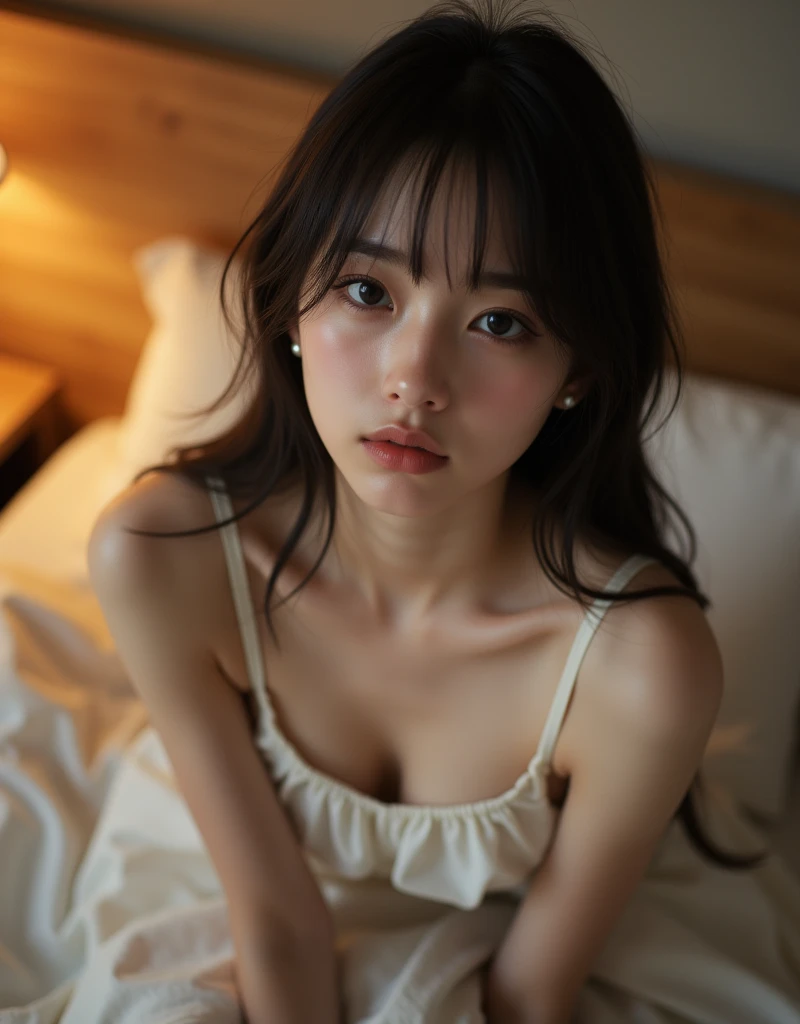 real photograph, (Top image quality, 8K, masterpiece), top-quality, 超A high resolution,Japan Girl, 18 year old, pretty face, black lace bra, kawaii faces, Melancholy look, double eyelid、big breasts: 1.4、girly hairstyle、modern hotel room、Movie Lighting, Photorealsitic, real looking skin, nfsw, 35mm, Shot with Leica,