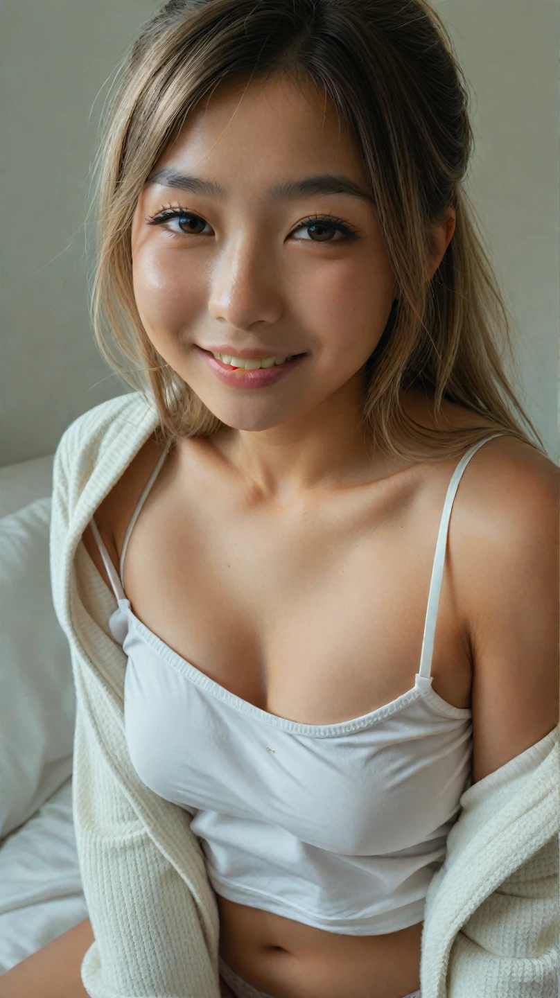 naked, (15 yo), face with no make-up, Japanese, bed room, ssmile,
