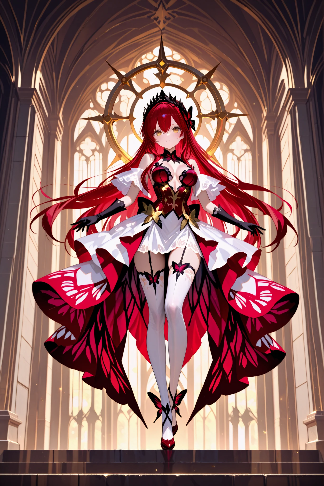 1 girl , golden eyes , very long hair , long sidelocks, red hair ,half updo, petite , very cute , beautiful ,Straight hair, cool, handsome, hair between eyes, sexy, medium breasts, black and red elegant butterfly dress, detailed ornate chains, solemn expression, white thighhighs, black gloves, elaborate horned headdress, tarot cards floating, golden halo wheel behind, dramatic lighting, symmetrical composition, cathedral background, priestess vibe, fantasy, highly detailed, masterpiece, wide angle shot, full body