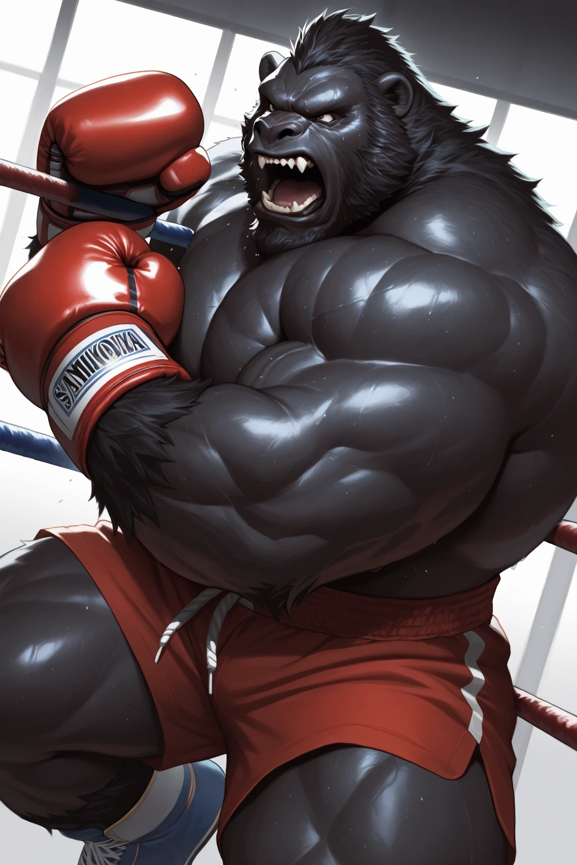 Super muscular boar beastman,(Wear a uniform:1.2),Blindfold,Painful expression,Mouth open and tongue out,Some guy cums in my face,(Surrounded by huge, red and black erect penises:1.2),(A large amount of semen all over the face:1.3),Pro wrestling,scrotum,Licking black nipples,Massive ,Anal Sex,Standing doggy style