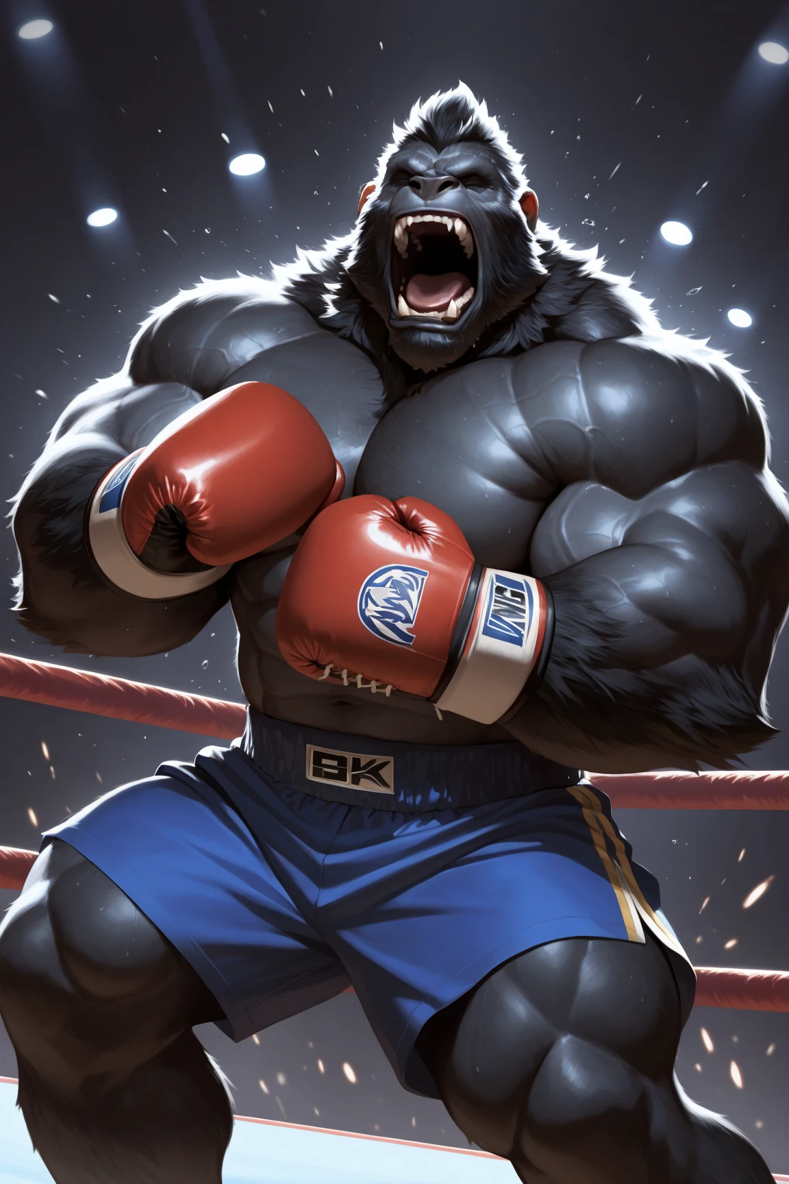 Baloo's training for the boxing championship, dark fur, thick arm, huge arm, Dark hair, muscular, huge pectoral, huge wide pectoral, realistic, 8k, masterpiece, correct anatomy (wearing black boxing shorts, boxing gloves and shirtless:1.3, topless, shoes) punching the punching bag, jungle book disney art