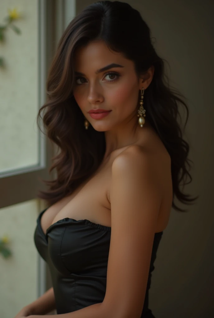 (bright, vibrant colors, highres), (sexy:1.1),(sensual:1.1), 1girl, (beautiful detailed eyes:1.1), (beautiful detailed lips:1.1), (long eyelashes:1.1), (flawless skin:1.1), (gorgeous figure:1.1), (confident posture:1.1), (elegant black dress:1.1), (curly flowing hair:1.1), (soft lighting:1.1), (seductive smile:1.1), (artistic, oil painting),(romantic atmosphere:1.1), (subtle, warm color tones), (feminine charm), (mysterious aura), (delicate jewelry), (subtle perfume), (gentle breeze), (lush garden), (blooming flowers), (playful interaction with nature), (silky texture), (captivating gaze), (intense and alluring expression), (dreamy background), (ethereal beauty), (steady and controlled brushstrokes), (timeless masterpiece),(meticulous attention to detail)