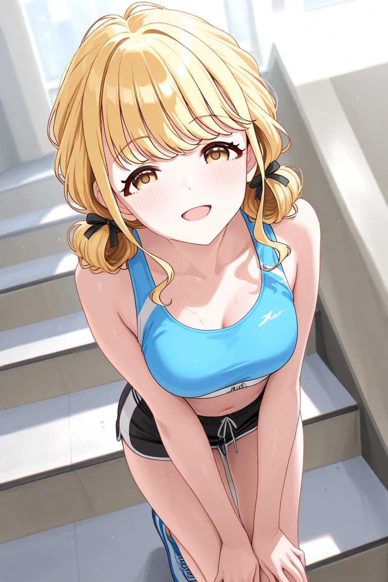 masterpiece, absurdres, best quality, ultra detailed, high Resolution, detailed illustration, bright colour, (extremely beautiful detailed face and eyes, Delicate beautiful face, 1 girl, cute face:1.3), (magenta eyes:1.1), sparkling eyes, big eyes, medium breasts, (perky breasts:1.1), (pointy breasts:1.1), medium hips, glamorous body, white skin, BREAK, long bob cut, (blonde hair:0.8), messy hair, detailed hair, shiny hair, BREAK (strapless mini training wear, down blouse:1.5), perfect lighting, (embarrassed:1.5), (ecstasy, vulgarity:1.5), (trembling:0.8), (View from below:1.5), training,