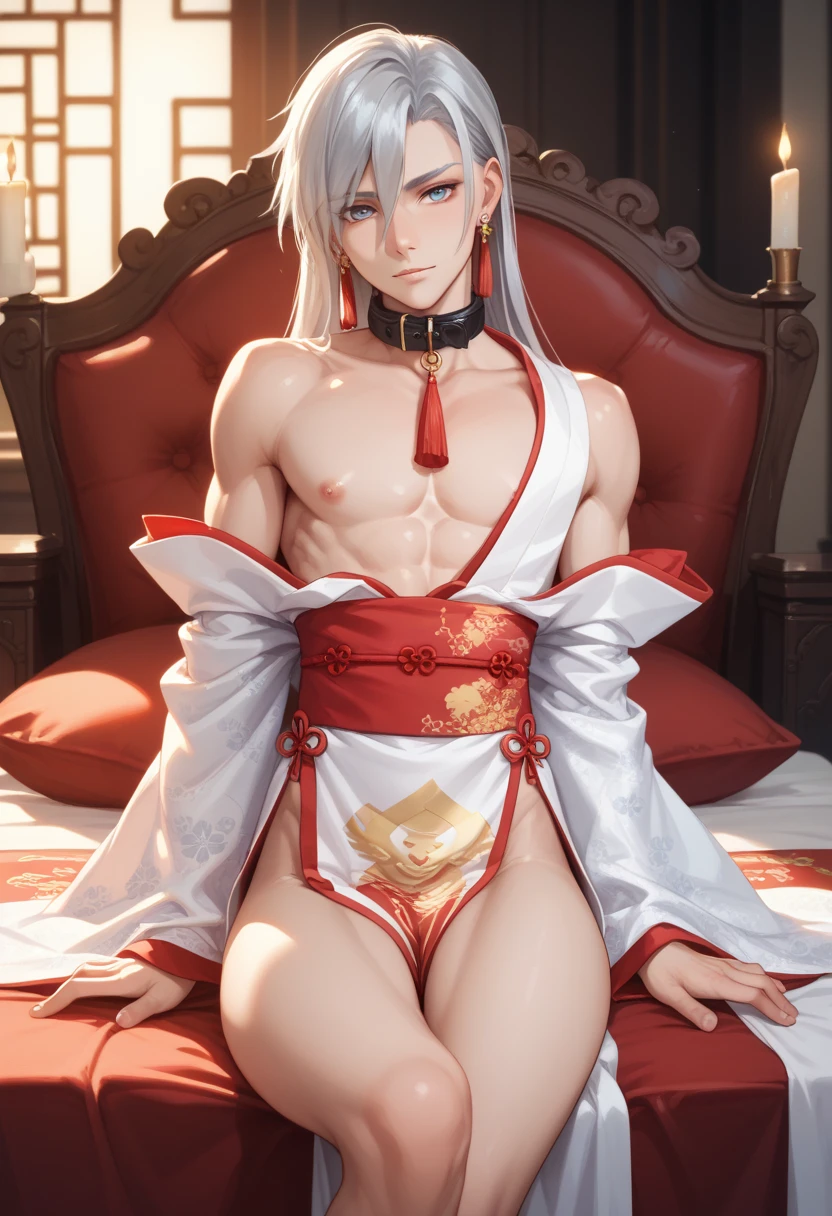 {best quality}, {very aesthetic}, {ultra-detailed}, {best illustration}, nsfw, ((2 boys)),solo focus,spread legs,ass pov hands,(Fox ears),(silver hair),long hairred eyes, anal, man, penis in ass,(Cum in anus),(cum in ass),Long Bangs,Completely naked,The anus is swollen and the penis is inside,slim body,slim chest,open mouth,Gold and Jade,Sperm on the tip of the penis,yaoi,boys love,otoko no ko,faceless muscular male,Late Night,dim,ceremony,Hands and feet restraint,orgasm,Cowgirl,Steamy skin,ruddy skin,Biting the chain,She is lying on a man's stomach and has his penis inserted into her anus,Provocative beautiful face,Decadent,twink boy,flat chest,otoko no ko,ass pov, ager,pale skin