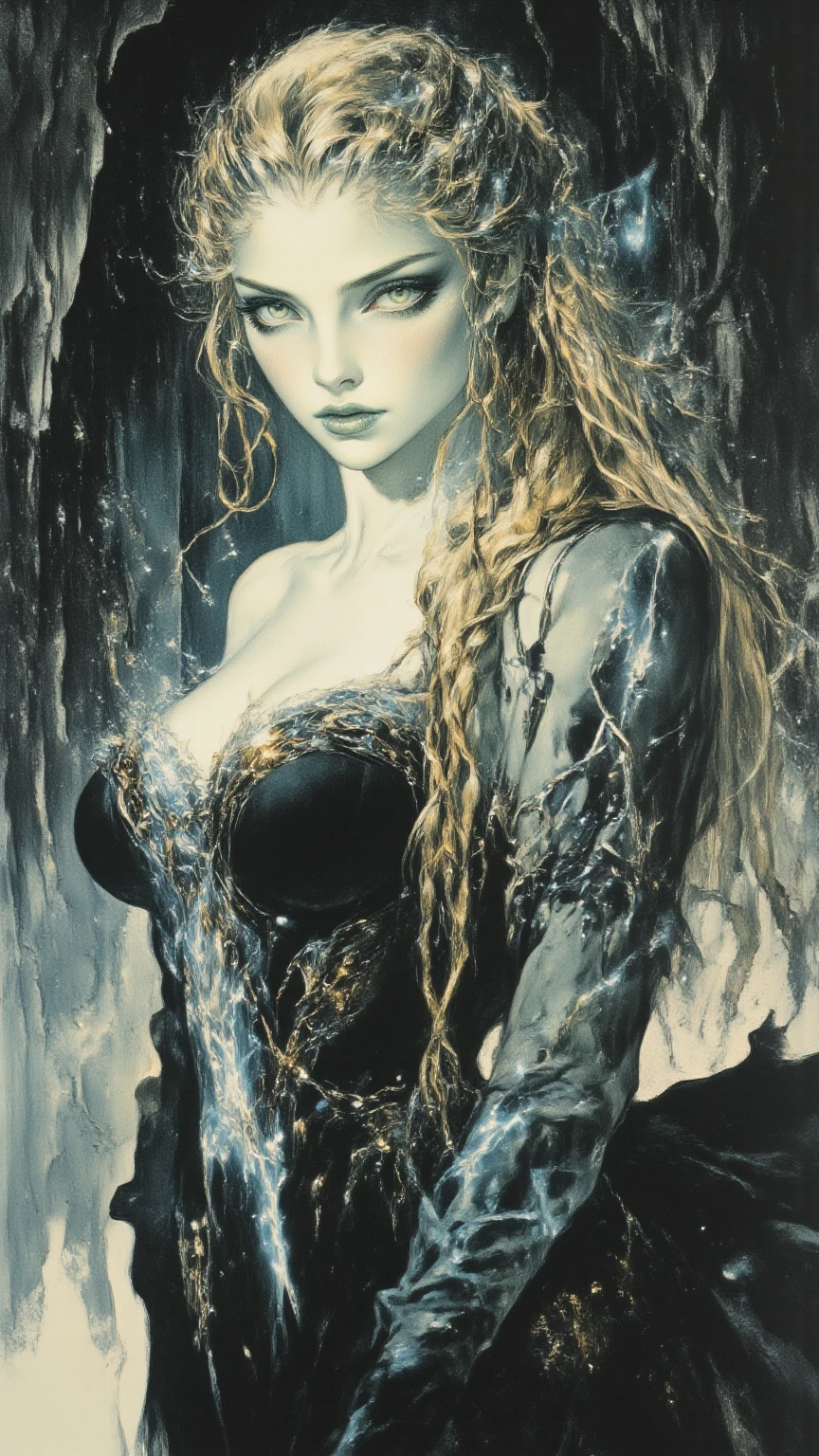 very sexy woman, slim, long hair blonde, very small breasts, sexy dress, nude tits, in a lake, a magical night with stars, eroticism, sexy, black and white image, between shadows, oil painting, chiaroscuro, sensual, dramatic lighting, moody atmosphere, photorealistic, intricate details, masterpiece, ultra-detailed, high quality, 8k, best quality, realistic, cinematic, dark and brooding, expressionistic, powerful composition, emotional impact, art inspired by Bill Sienkiewicz and Dave McKean
