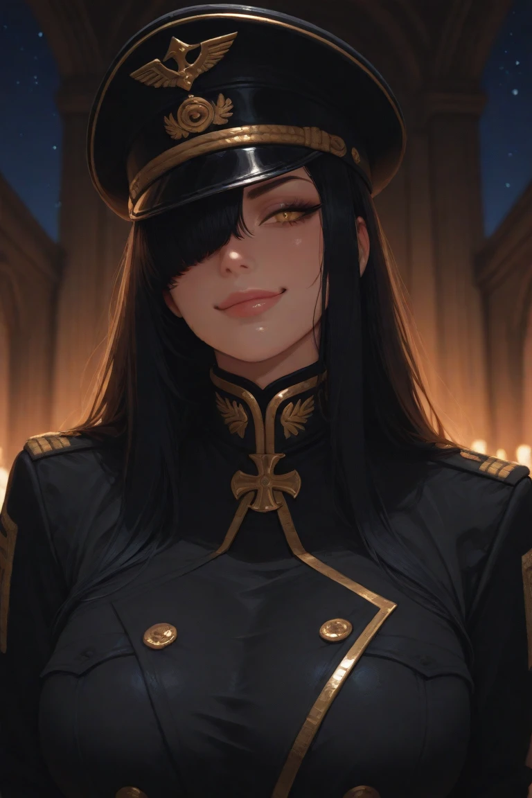 (masterpiece, best quality:1.4), (beautiful, aesthetic, perfect, delicate, intricate:1.2), (cute, adorable), (depth of field:1.2), (1girl, solo), colorful, vivid colors, moody, mood lighting, cinematic, (dark skin, black skin, ebony:1.2), perfect female form, perfect face, glossy pink lips, expressive eyes, eyeshadow, eyeliner, long flowing hair, natural breasts, (purple military officer uniform), (ornate delicate military officer uniform), (gold trimming in outfit), (war medals on her chest), (military officer cap), (cleavage), (leaning on an open balcony), warm lighting, looking at viewer, (castle at background, fantasy city background), (at night), (cowboy shot:1.2),