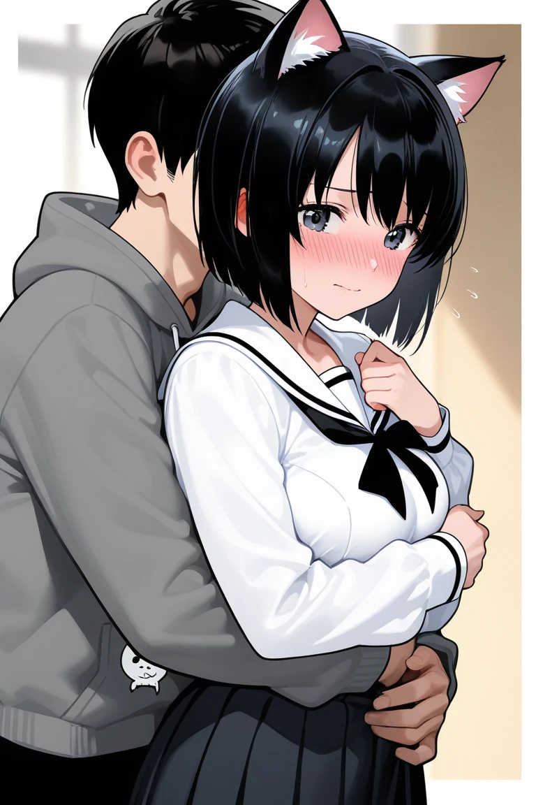 nsfw,suzune horikita, 1girl,1boy,(Red eyes:1.3),Rock Shade,cowboy shot,(Medium chest),Hair Ribbon,naked,(((1 boy, fellatio, penis))),Black thigh-high socks,(orgasm,pussy juice),short hair