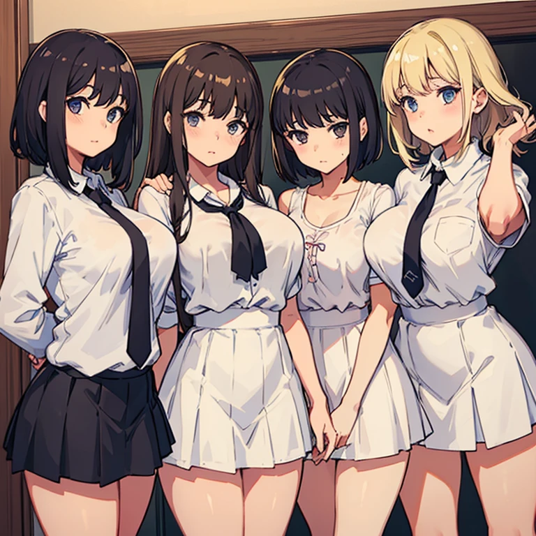 (((high resolution))) (((3人のSisters Having my breasts massaged)))、(((My panties are down.)))、Lift up the skirt、Nipples are visible through the bra、(((Micro panties with different colors and borders)))、Small breasts、((I can see your thighs))、(((You can put a in it.)))、Bow tie with collar、(((Blazer uniform チェック柄の青のLift up the skirt)))、lift the breasts、(((Lift up your skirt3Sisters))) White ground in the background Dirty face