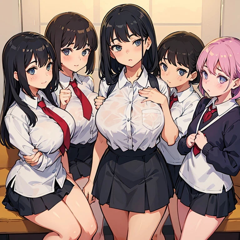 masterpiece, Highest quality, High resolution, Big Breasts、JK,There were a lot of girls in a very small room. ,6 Girls、Pink pleated skirt、Heart symbol and sound effect、The viewer is looked down upon by a tall woman.、Low Perspective、A chest full of sperm、There is only one viewer dick、Penis between 、Straddling the viewer、Bukkake、Pant voice、Huge 、white and bright skin、Bright beautiful skin、Blunt bangs、Blunt bangs、The girl trembles with joy、30-year-old woman、They are all very tall、Surrounded by tall girls、Thighs、Being despised by many girls、A composition that expresses many things breastean smirk、Bully、A composition that expresses many things 、Harem、Many girls are lined up、Black Hair、Blonde、Open your mouth small and smile、Pointed double teeth、titfuck