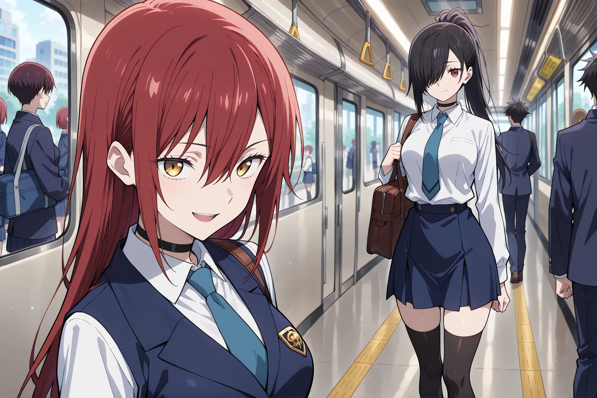 masterpiece, best quality, amazing quality, absurdres, safe, cinematic, cinematic view, professional photography, natural lighting, vibrant colors, dynamic shot, anime screencap, official art, anime style, jujutsu kaisen screencap, duo focus, (2girls, multiple girls), happy, after school, school bags, standing in a subway, Laughing, crowded people subway, dynamic pose, talking together, BREAK 1girl, red eyes, hair over right eye, black hair, long hair, choker, medium breasts, (petite but curvy), (very cute), BREAK 1girl, red hair, long hair, ponytail, hair between eyes, long sidelocks, hair behind ear, (golden eyes), (medium breasts), cool, confident, BREAK school uniform, long sleeves, white shirt, blue necktie, marine skirt, black thighhighs, loafers,