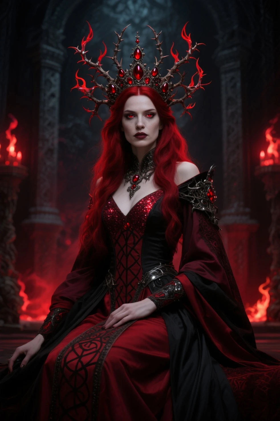 Scarlet haired medieval elven vampire girl