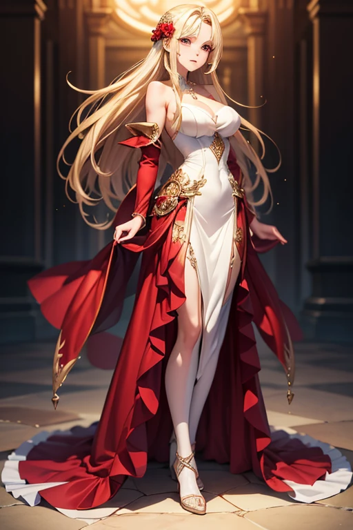 detailed eyes, long straight blonde hair, earrings ,(long red gown), slim body type, 1girl, medium sized breasts, 4k, 8k, best quality, very detailed, full body visible, mage, fantasy, magic,inside inn background,