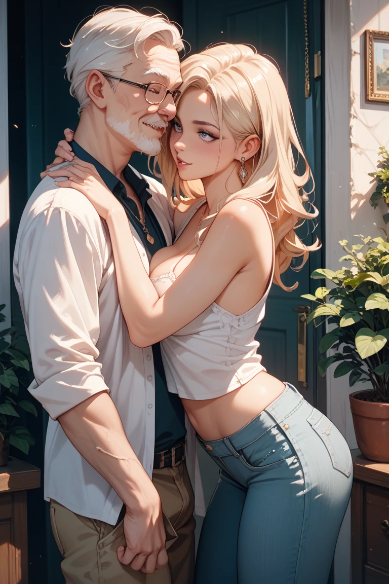 (old hairy dirty old man with torn clothes 90 years bearded),(Holding her from behind and talking in her ear),other men catching her with prancing ass,picking up in lap,mini white skirt swinging up, 40k, photography, masterpiece, best quality, dark gray background, (1girl blue eyes and blonde hair soon curly), big ass full breasts until waiting using, (mini sexy swinging skirt round: 1.3), (white plunging open shirt: 1.3),elderly man leaning against her from behind picking her up,assorted ass poses.