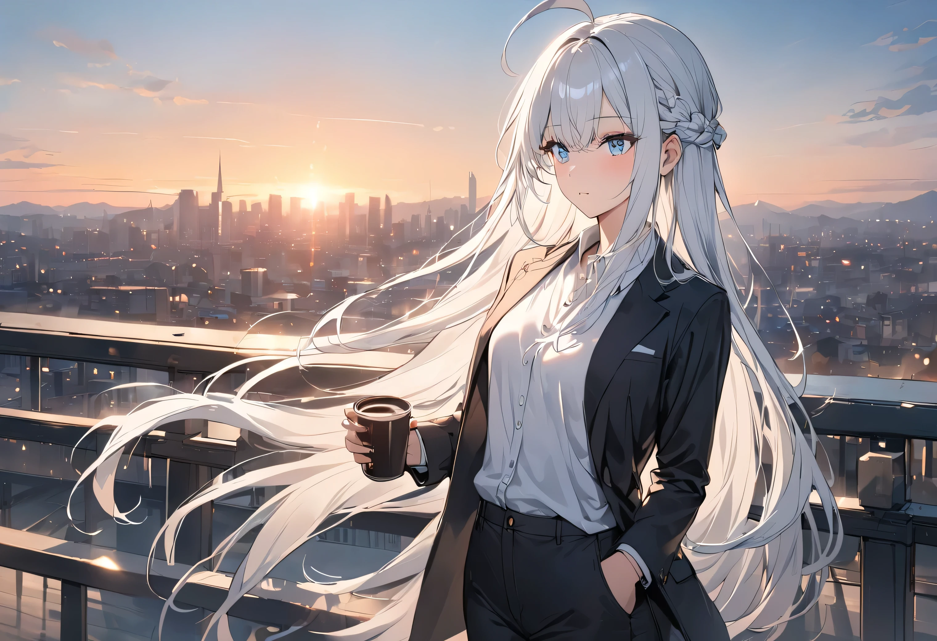 Resolution full, very accurate, best quality, masterpiece, cinematic lighting, full HD, very sharpener, best art, very accurate, city background, 1girl, solo, cute girl, beautiful and cute girl, white hair, long hair, braid hair, bangs hair, ahoge hair, straight hair, gradient gray and white hair, slim body, holding coffee, beautiful bright blue eyes, business suit, white blouse, black blazer, black pants, perfect legs, standing model, sunset, dusk, evening, twilight, vesper