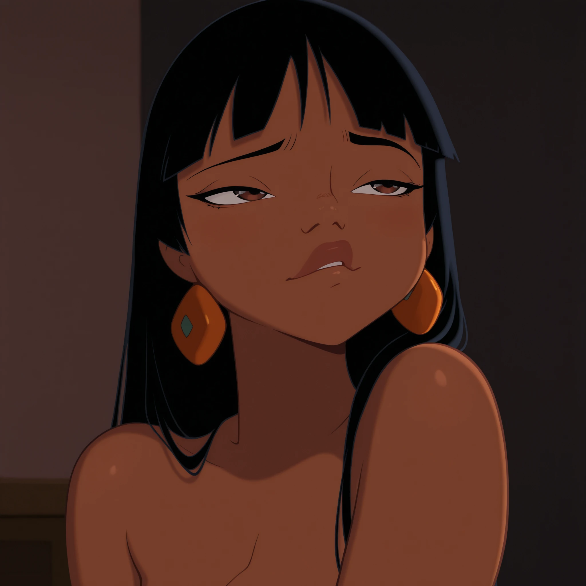  beautiful detailed eyes, beautiful detailed lips, extremely detailed eyes and face, long eyelashes, best quality, 8k, 12), 1 girl, Toph BeiFong, 10 years,  ultra detailed, Detailed lips, Young, blind, bun hair, Nude body, flat torso, shy, uprising view, looking down, saliva, nipples, cartoon style,