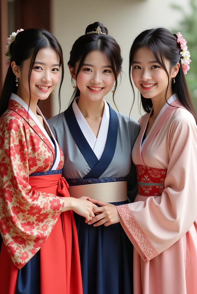high quality photos, Japanese woman wearing Japanese clothes, Korean woman wearing chimachogori, Chinese woman wearing traditional Han costume, smiling women , holding hands