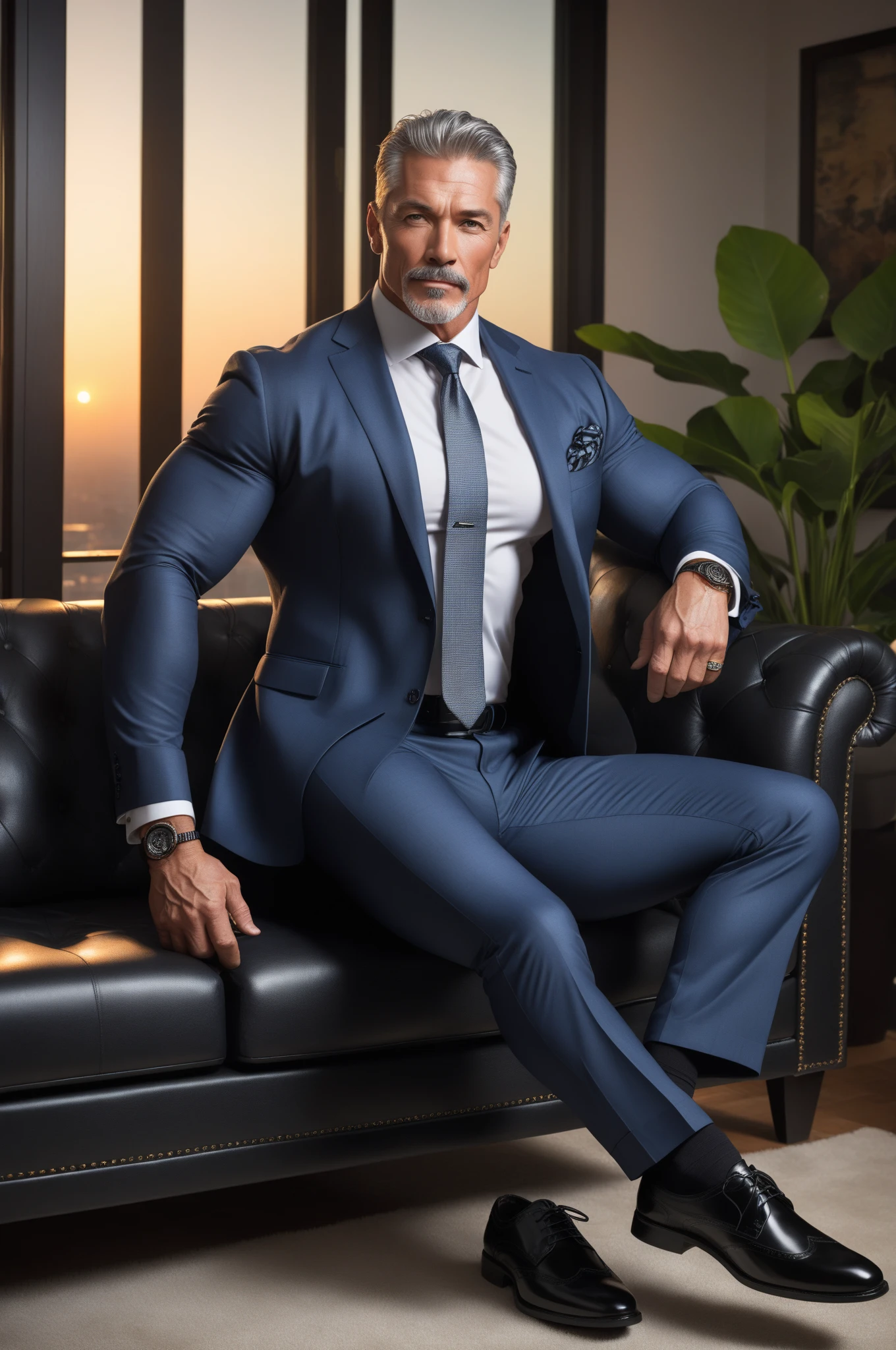 40 years old，Hidetoshi Nakata，（Kogoro Mori 1.3），whole body，Lean，muscle，office，grey socks，Suit，Feet raised，sofa，Baldhead ，transparent，Thick body hair，underwear，Topless，Densely hairy，Fortitude，HD，With a mustache