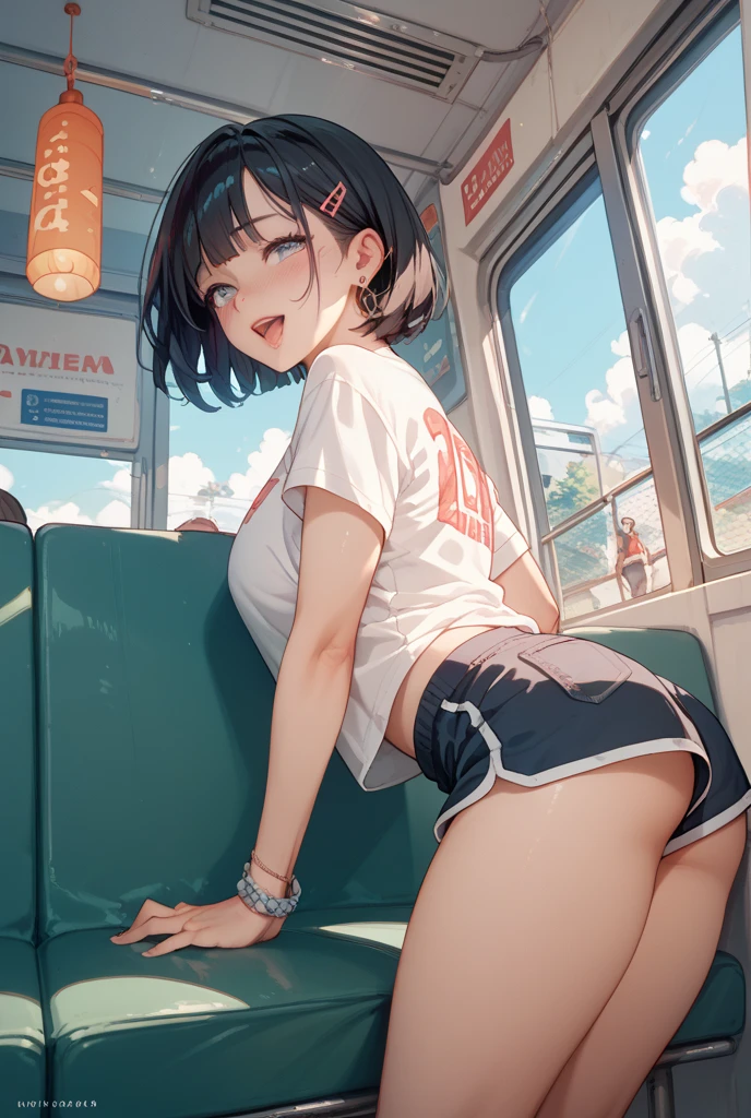 Black Hair、black eye、girl、short hair、girl、Medium sized breasts、Lolita、Embarrassed look、Looks about 18 years old、目のhighlight、Sexy thighs、Short T-shirt、white bikini panties、Your eyes are so beautiful、highlight、Sit in your seat、Open leg pose、Spread your legs、Inside the train、Panties with only a string around the waist
