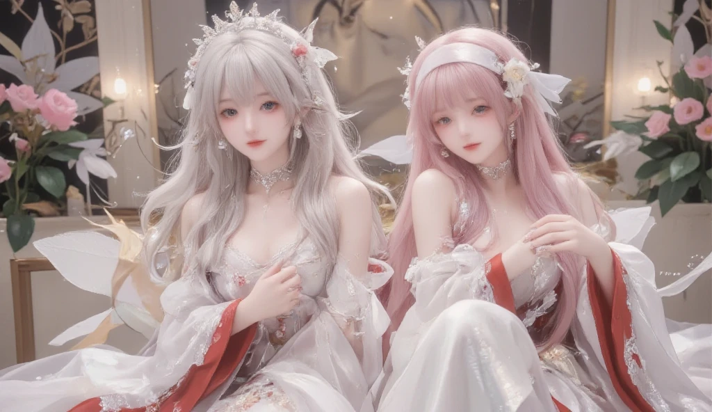there is a woman sitting on a bed with a white dress, anime girl cosplay, seductive anime girl, shikamimi, anime cosplay, sakimichan, guweiz, japanese goddess, beautiful alluring anime woman, trending on cgstation, 2263539546], with white long hair, 8k))