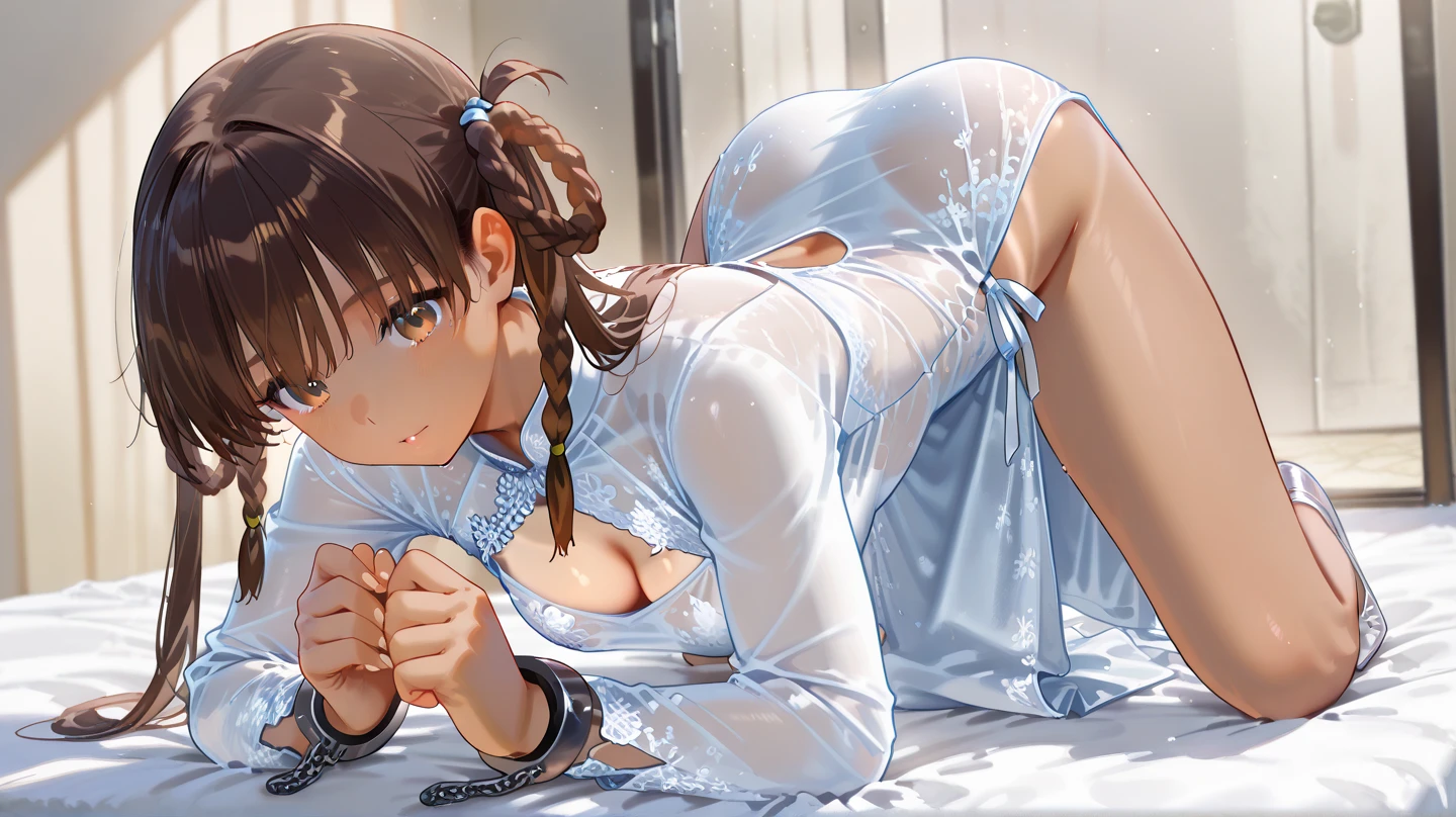 A woman in a sheer dress is tied up、Bound and gagged