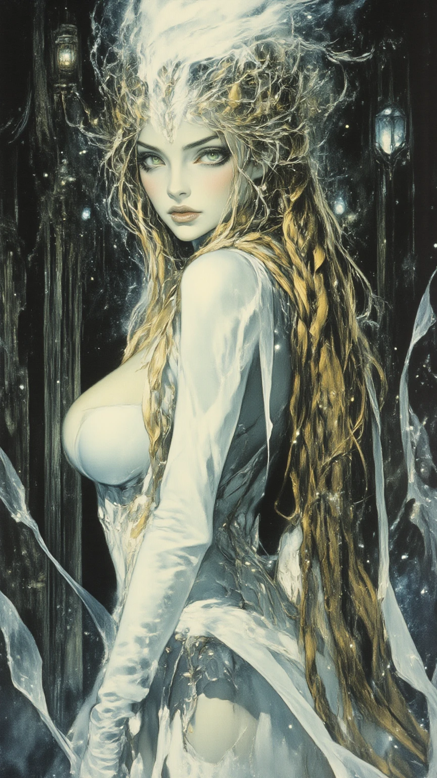 (space onsen style: 1.3), Fantasy onsen in outer space, Wonder, discomfort, healing, Two women, beautiful, cool, a fun day, Hidden hot springs, (Rembrandt lighting: 1.2), embarrassing, dark night, fog , midnight, dark night, (fog: 1.4), moon, Close-up of the upper body, a little sweat, perfect anatomy, Artistic and memorable masterpieces, moments from history, (steam: 1.6), a little sweat, Strong wind blowing, from behind, from below, (fantastic and fascinating landscapes) Watercolor: 1.4, Delicate, Detail, Masterpiece, (masterpiece: 1.2), (best quality: 1.2), details newer and more intricate (art inspired by Bill Sienkiewicz). oil painting)