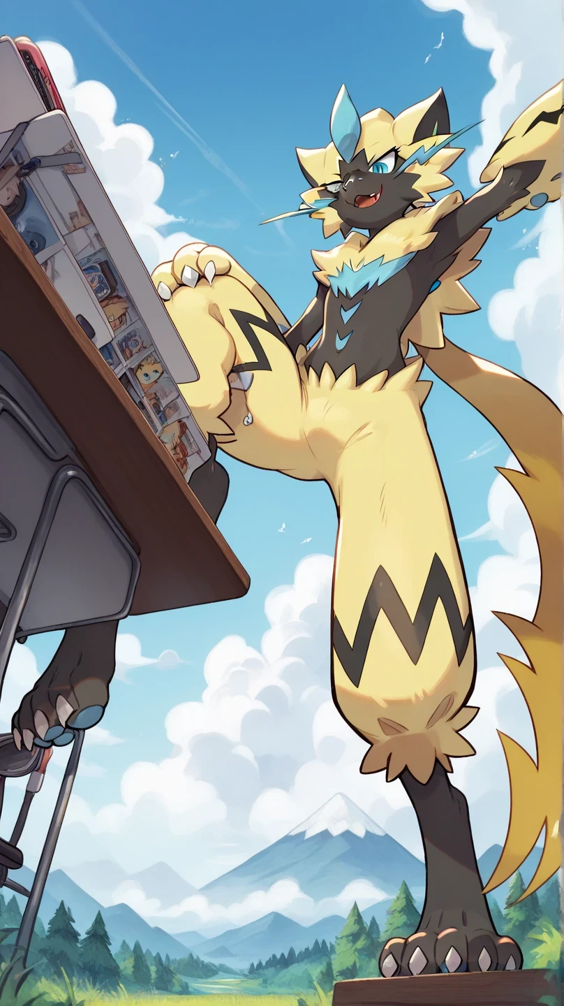 Zeraora Pokémon male , mountains, Sky Blue , white clouds , blue sky, in a forest, , aggressive look, WRITE LINES, Bipedal position, Alone, seen from below , looking down, in front, legs apart