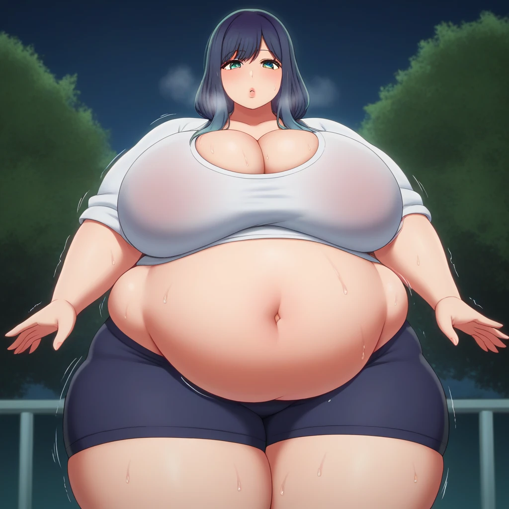 (Very high quality, detailed) A full body image of a pregnant girl wearing a sports bra, very thight shorts and glasses, she's standing barefoot and has very big breasts, long hair and a pretty thick body. She has her hands on her belly and her belly is uncovered. Her belly has cum on it