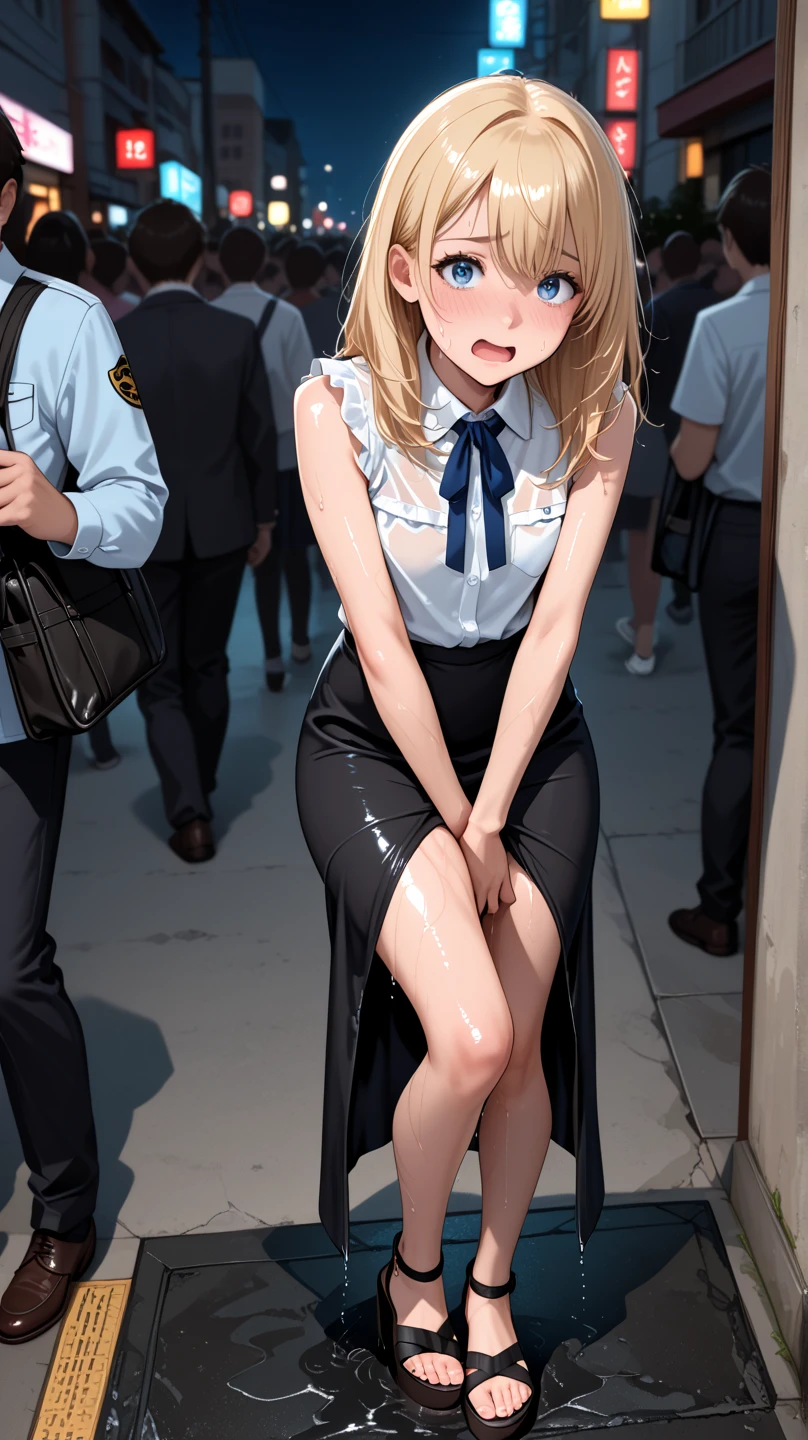 (((masterpiece))), best quality, highly detailed,extremely detailed CG unity 8k wallpaper,illustration, solo female,fren,bow,hat,skirt,dark blue skirt,pantyhose,small breast,solo,dark blue eyes,medium hair,blonde ,small breast,indoor,grey backgrpund, pipe,strong light and shadow contrast ,pantyhose,cinematic shot,Studio lighting,angry face,injured,blood,A blonde girl stands amidst an abandoned factory, wearing a bitter smile on her face, while being surrounded by three muscular men brandishing weapons.