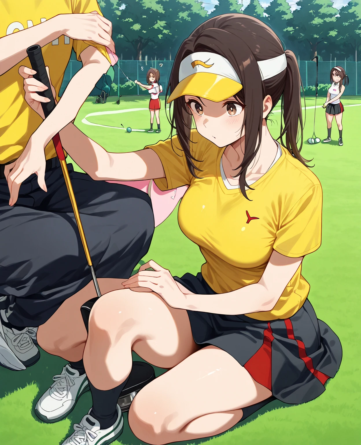 sex  vaginal, anime style, medium breasts, small ass, Juliana (Pokemon), brown eyes, brown hair, anime art style, cheerleader outfit, upskirt, crop top, skirt, outdoors, park, laying, boy on top, missionary position, side view