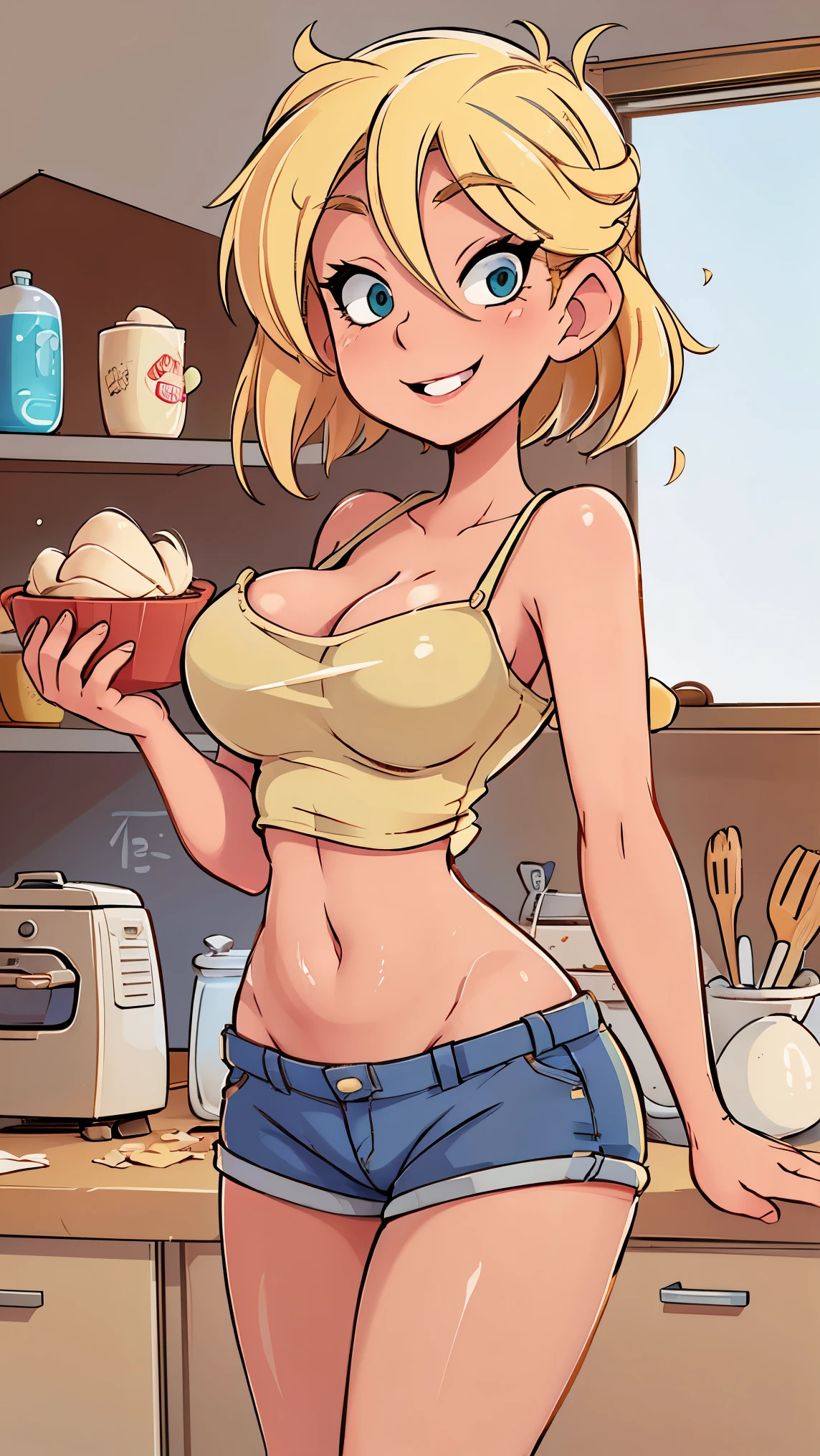 Blond, 24yo, 24 years old, baking in a kitchen and making a big mess, baking sheets, eggs, flour, and some kitchen gadgets, loose cotton shorts and lose crop top, slim hips, curvy, busty, sexy, playful, slight smile
