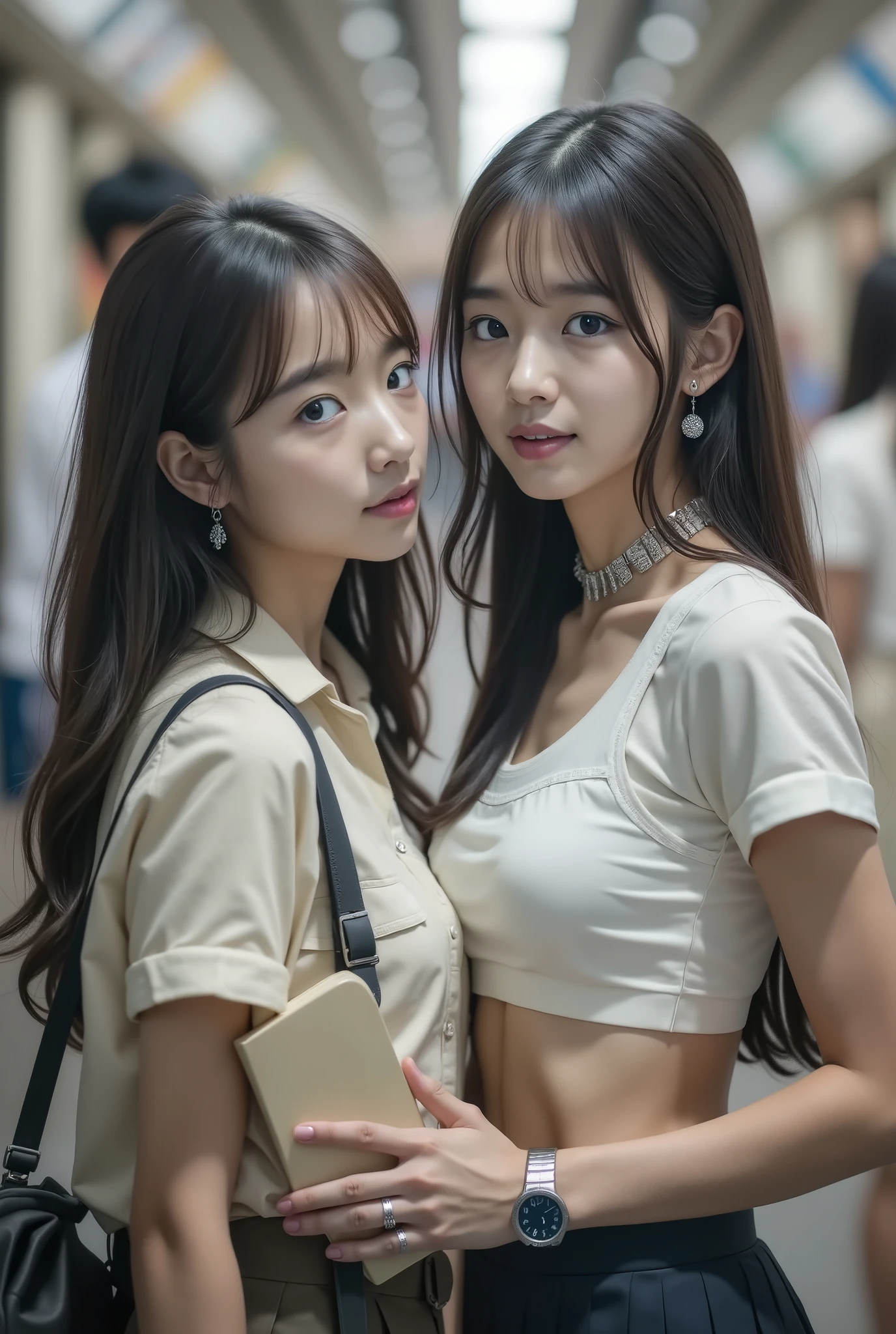 two Japanese girls in a crowded Tokyo subway train, one in a university outfit with long wavy black hair, the other in a school uniform with straight shoulder-length hair, both with soft shy expressions, one holding a book, realistic lighting, cinematic composition, morning commute, muted tones, emotional atmosphere, soft focus on background, eye contact moment, subtle yuri, romantic tension