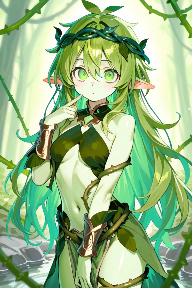 prismatic coloration, young plant girl with a dark skin tone, Elegant, elven ears, tanned skin tone, serious glare, ponytails, leaf green hair, Heterochromia with deep green & Gold eyes, C-cup, lithe, fit, modest tribal attire, full-body, slender legs, footless tights with leafy design, beautiful eyes, freckles, leaf green eyebrows, Cute butt, blank background, (long straight prismatic colored horns:1.2), wielding spear, nsfw, Battle stance