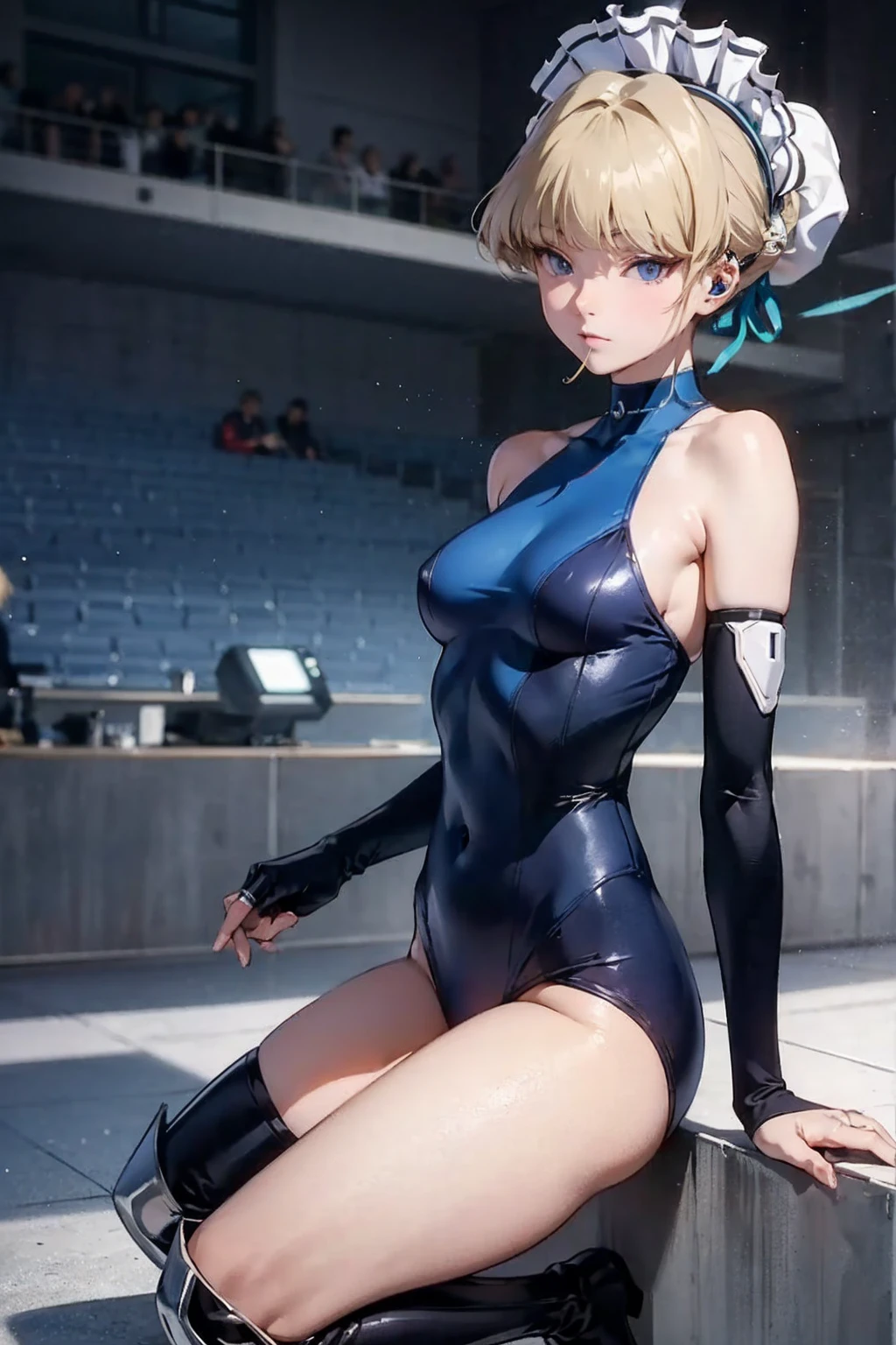 1 girl,Solo,masterpiece、Detailed beautiful face、Detailed beautiful eyes、hight resolution、An ultra-fine illustrations、extremely delicate and beautiful、top-quality、Slender and perfectly styled woman、((sexy pose、Poses to seduce))、(The eyes are detailed and beautiful),Curvaceous、(shinny hair, Glossy eyes,),thighs thighs thighs thighs、Watch your audience、under the boobs、blushed、Blushing cheeks、((Tanned skin:1.2),((a blond、Bun head、Blue eyes)),(Leotard、highleg、Sleeveless ),(white panty hose:1.3)、(small tits)