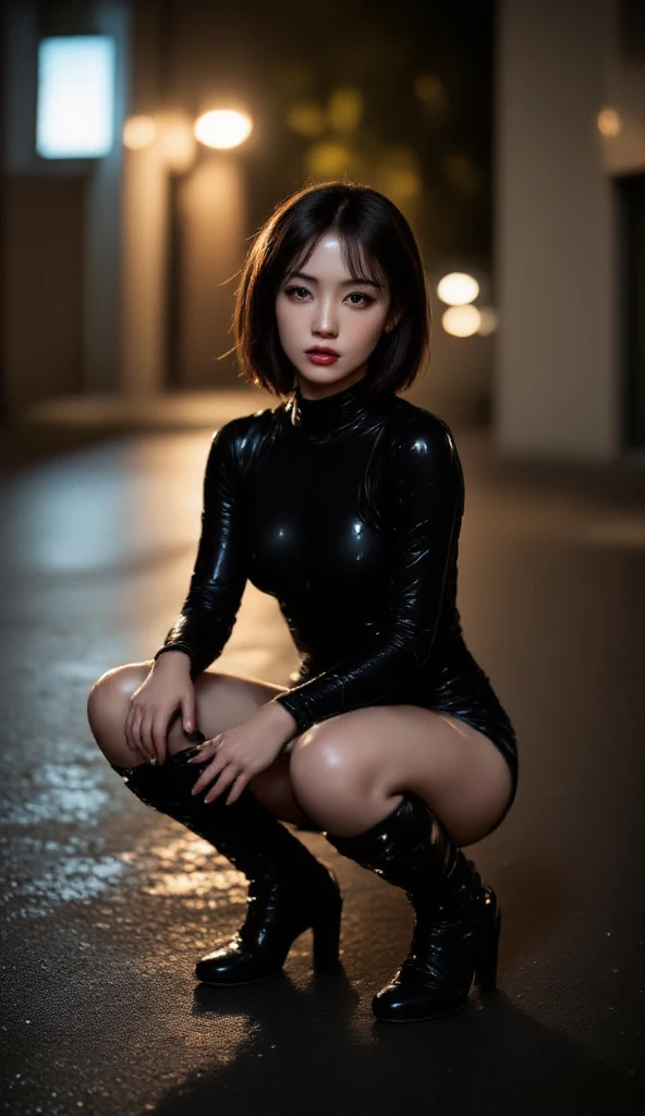 (Shiny latex suit in random colors other than black:1.2)、(Highest quality、Ultra-high resolution、masterpiece、8K、Realisticな生写真:1.2)、(Delicate face、Detailed eyes and face、Watery eyes、double eyelid、Glossy lips), (1 girl) 、Spread your legs、Show off your beautiful legs、Latex boots、Very beautiful woman、Slender、Slim Big、Sharp long legs、Enchanting and luxurious、Large Breasts、High-definition skin texture、Kind expression、((Future city at night、cyber punk、neon、Wind))、Full Body Portrait、Professional Lighting、Realistic、Realistic、realism