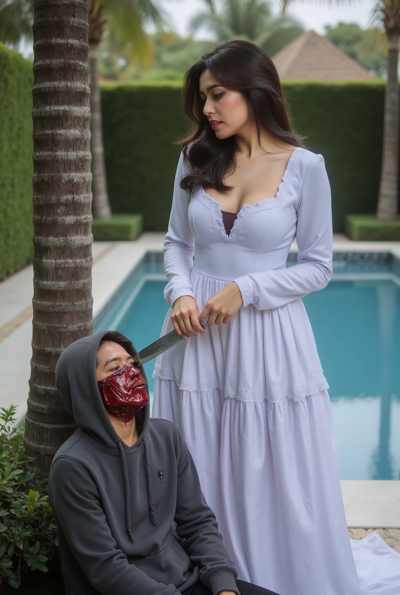 Realistic, A Very beautiful woman, boy hoodie, woman kill boy, woman very big , woman slaughters boy neck like a lamb, boy neck is flowing with blood, Luxury pool, woman white dress, woman knife, boy leaning tree, boy dead, boy full face mask