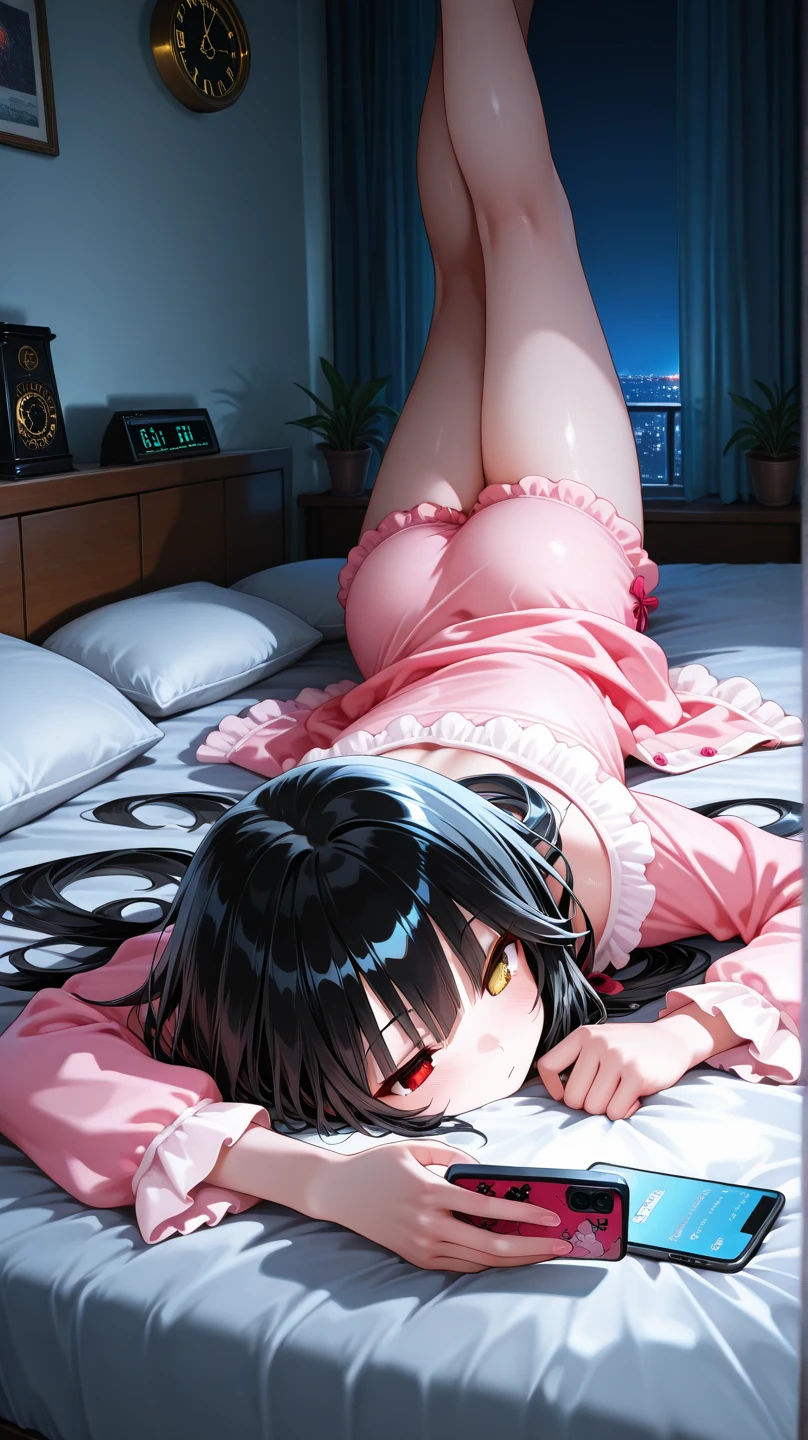 high quality, 最high quality、 Stylish design, (((The cutest girl))), ((Thin legs))、(((最high quality))), High resolution, ((detailed)), ((masterpiece)), ((Super detailed)), 16-year-old girl、Black Hair、Inner Color、(Shyness),((Lying on your back in bed)),((Sexual))