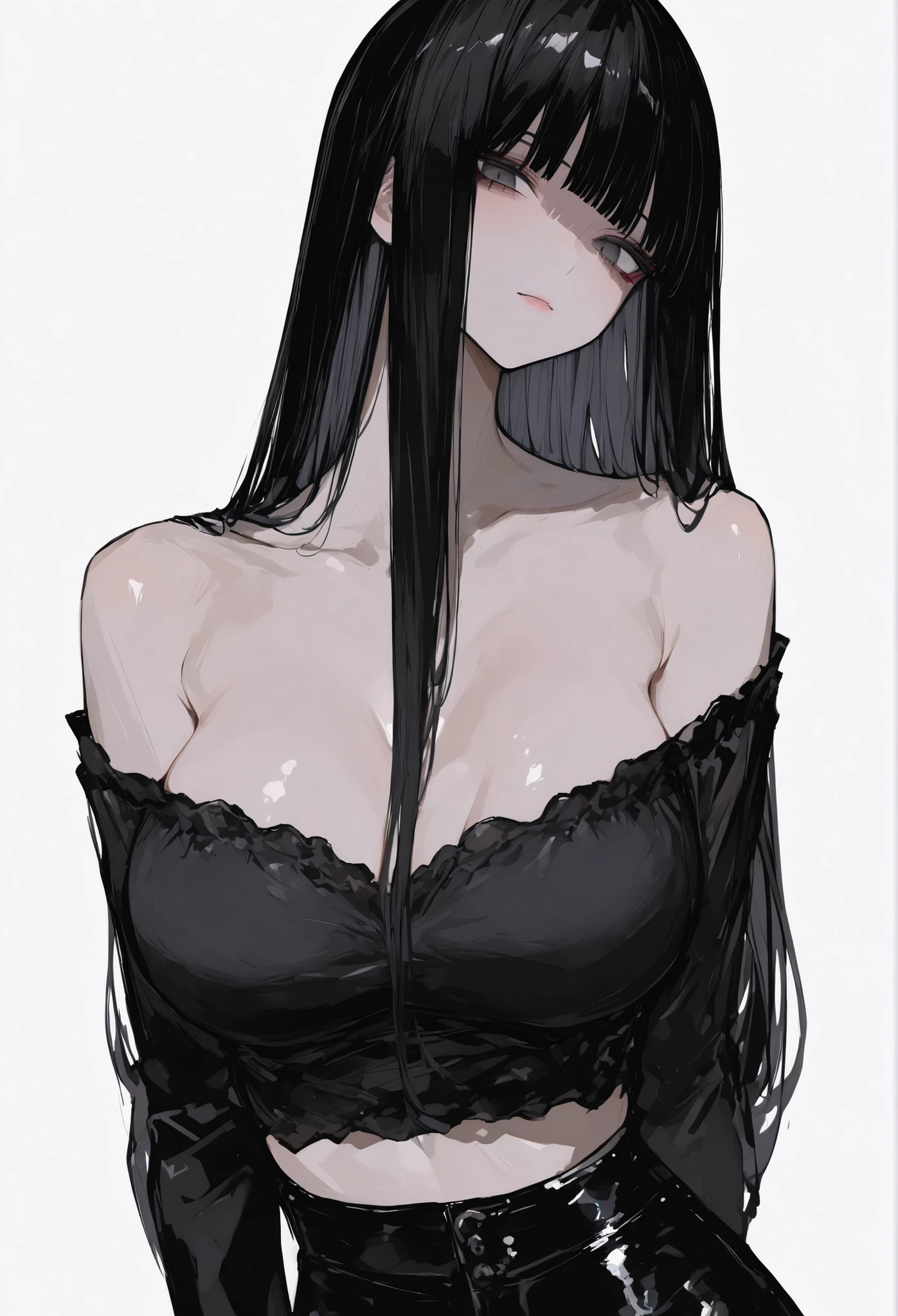 best quality, amazing quality, very aesthetic, absurdres, 1girl, rio (blue archive), blue archive, red eyes, black hair, strapless, (artist official art:1.5), (realistic face), (narrowed eyes), (cowboy shot), (concept art:1.5), panties, (thigh, , glowing eyes:1.4), expressive eyes, perfect face, extremely detailed anime illustration, extremely detailed eyes, enhanced details, perfect anatomy, light rays, photo background, extremely delicate body, smooth skin, feminine expression, (black background:1.5), cristal clear eyes, beautiful face, big breasts